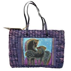 NWT Sun N Sand Purple Handmade Woven Rattan Canvas Horse Image Satchel Tote Bag